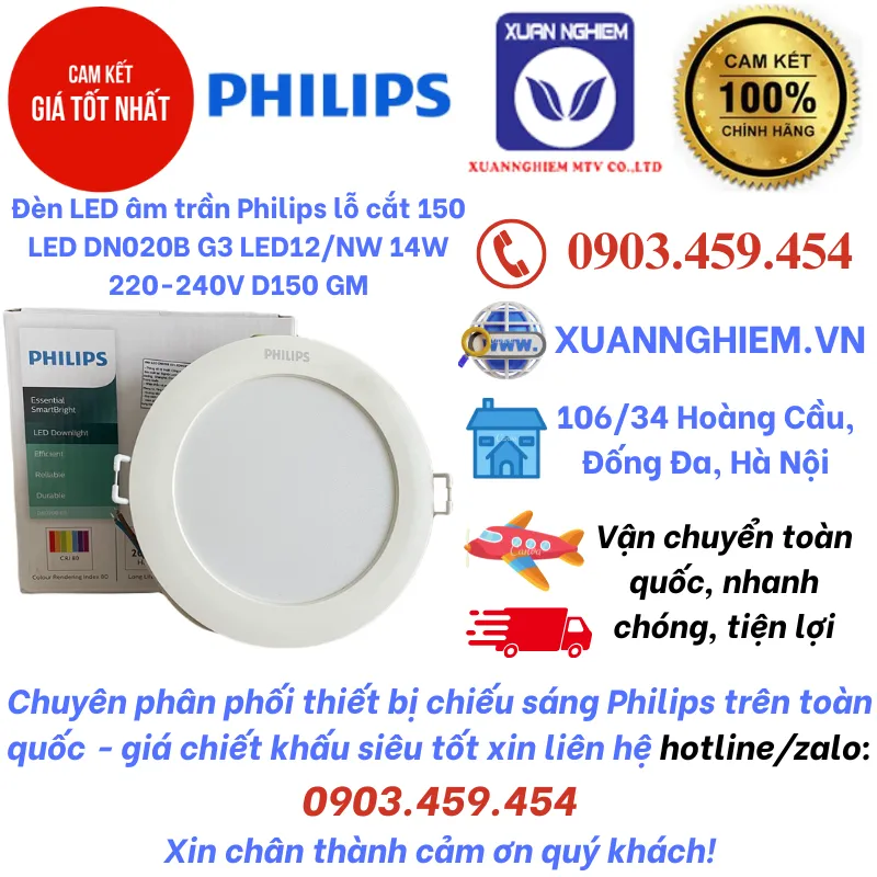 Đèn LED âm trần Philips lỗ cắt 150 LED DN020B G3 LED12/NW 14W 220-240V D150 GM