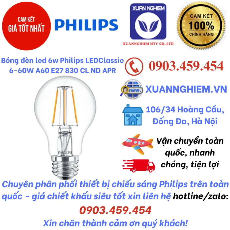 Bóng đèn led 6w Philips LEDClassic 6-60W A60 E27 830 CL ND APR