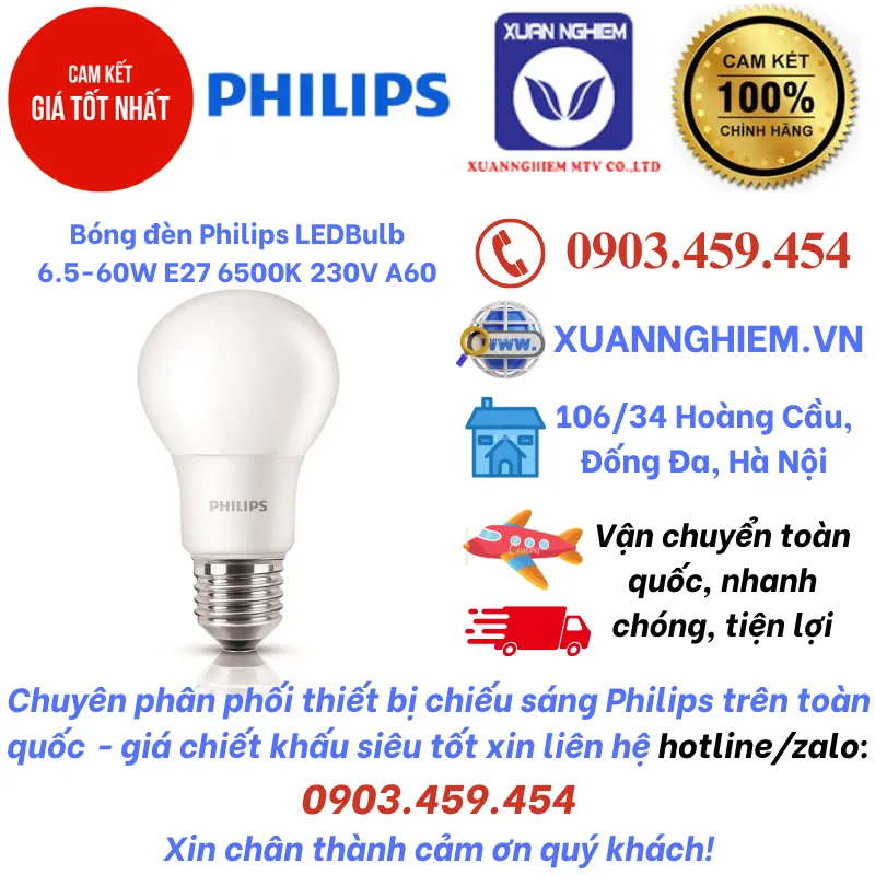 Bóng đèn Philips LEDBulb 6.5-60W E27 6500K 230V A60