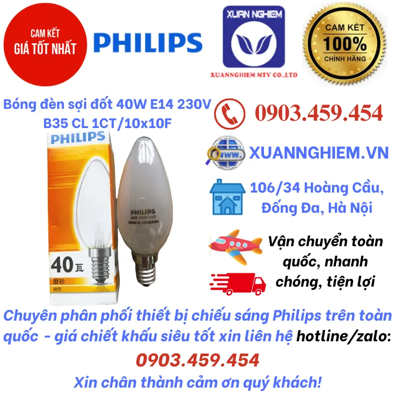 Bóng đèn sợi đốt halogen 40W E14 230V B35 CL 1CT/10x10F Philips