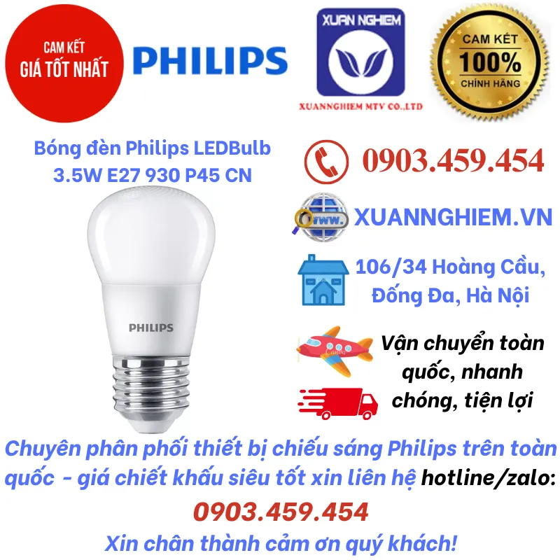 Bóng đèn Philips LEDBulb 3.5W E27 930 P45 CN