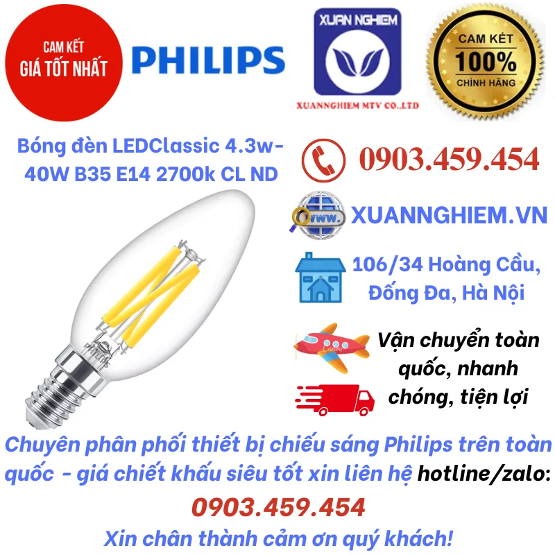 Bóng đèn LEDClassic 4.3-40W B35 E14 2700k CL ND CN