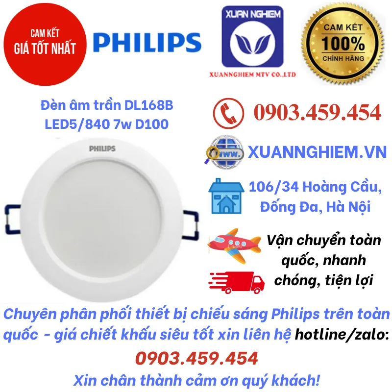 Đèn âm trần lỗ cắt 100 DL168B LED5/840 7W D100