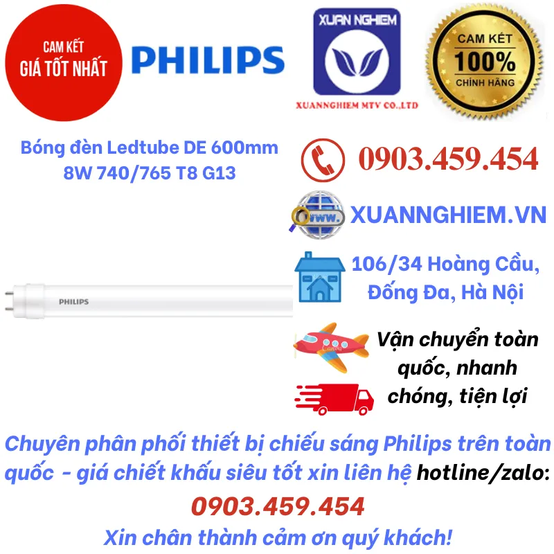 Bóng đèn Ledtube DE 600mm 8W 740 T8 G13 / Bóng đèn Ledtube DE 600mm 8W 765 T8 G13