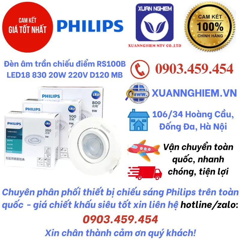 Đèn LED âm trần chiếu điểm RS100B LED18 830 20W 220V D120 MB