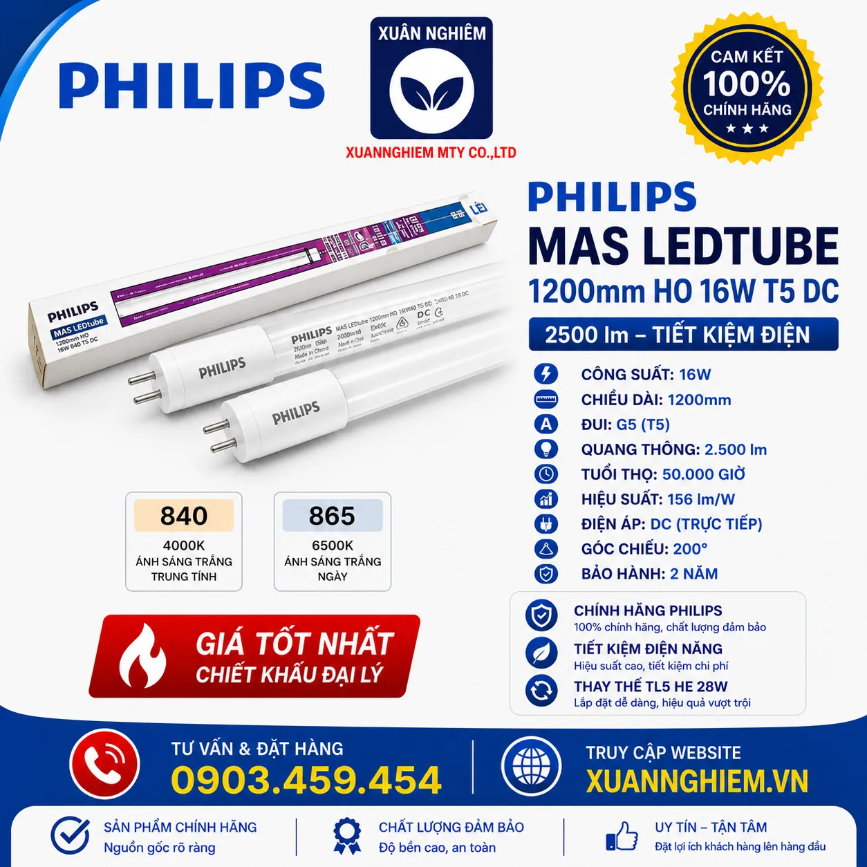 Bóng đèn MAS Ledtube 1200mm HO 16W 840 T5 DC / Bóng đèn MAS Ledtube 1200mm HO 16W 865 T5 DC
