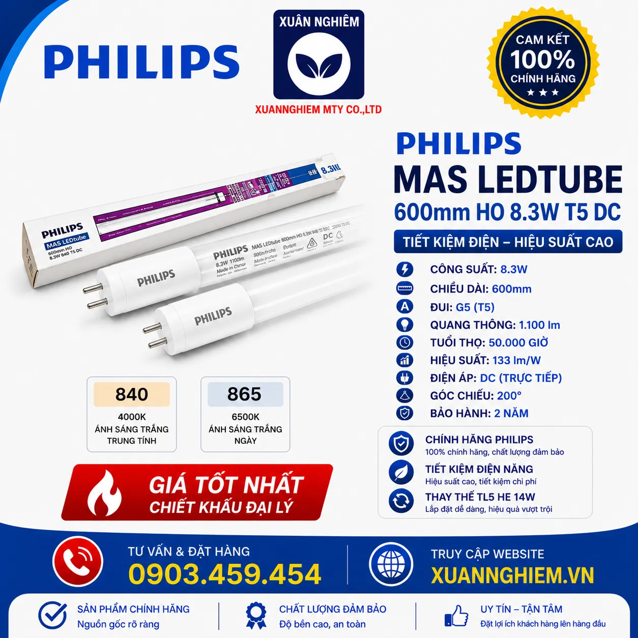 Bóng đèn MAS Ledtube 600mm HO 8.3W 840 T5 DC / Bóng đèn MAS Ledtube 600mm HO 8.3W 865 T5 DC