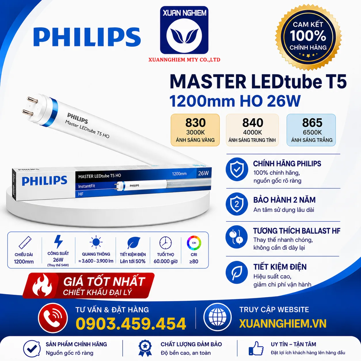 Bóng đèn MAS LEDtube 1200mm HO 26W 830 T5 / Bóng đèn MAS LEDtube 1200mm HO 26W 840 T5 / Bóng đèn MAS LEDtube 1200mm HO 26W 865 T5
