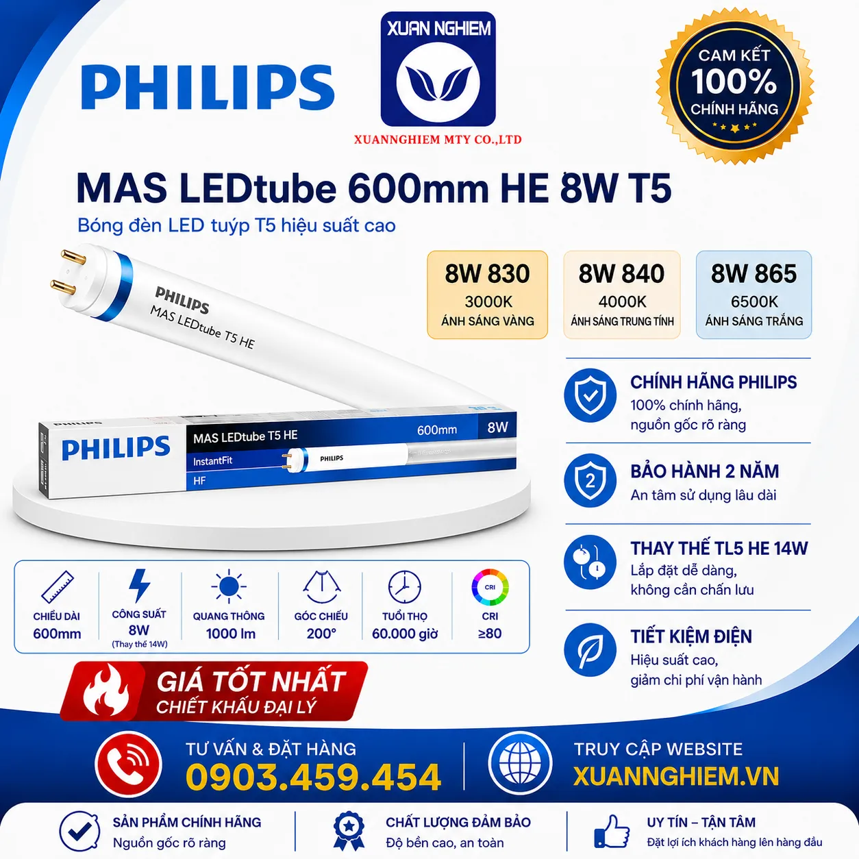 Bóng đèn MAS Ledtube 600mm HE 8W 830 T5 / Bóng đèn MAS Ledtube 600mm HE 8W 840 T5 / Bóng đèn MAS Ledtube 600mm HE 8W 865 T5