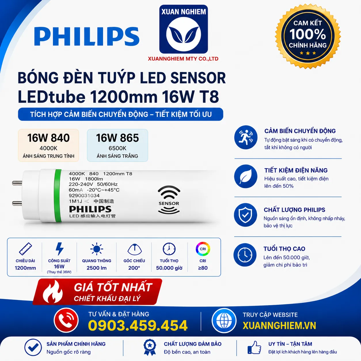Bóng đèn Tuýp LED Sensor LEDtube 1200mm 16W 840 T8 / Bóng đèn Tuýp LED Sensor LEDtube 1200mm 16W 865 T8