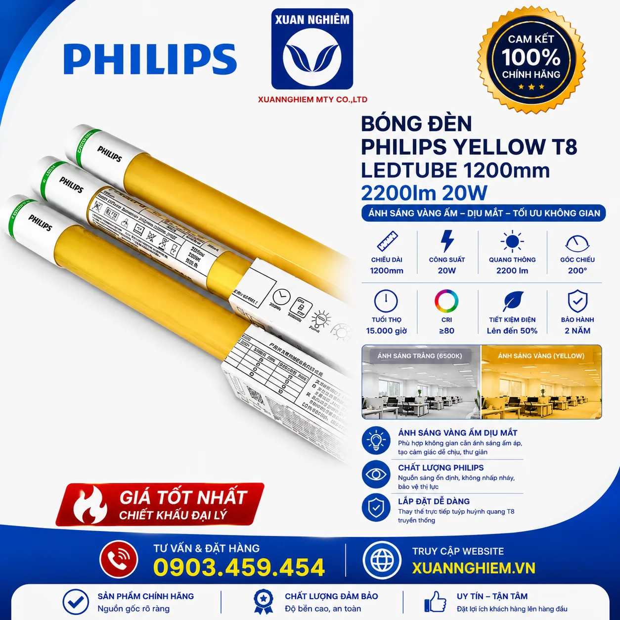 Bóng đèn PHILIPS Yellow T8 LEDTUBE 1200mm 2200lm 20W