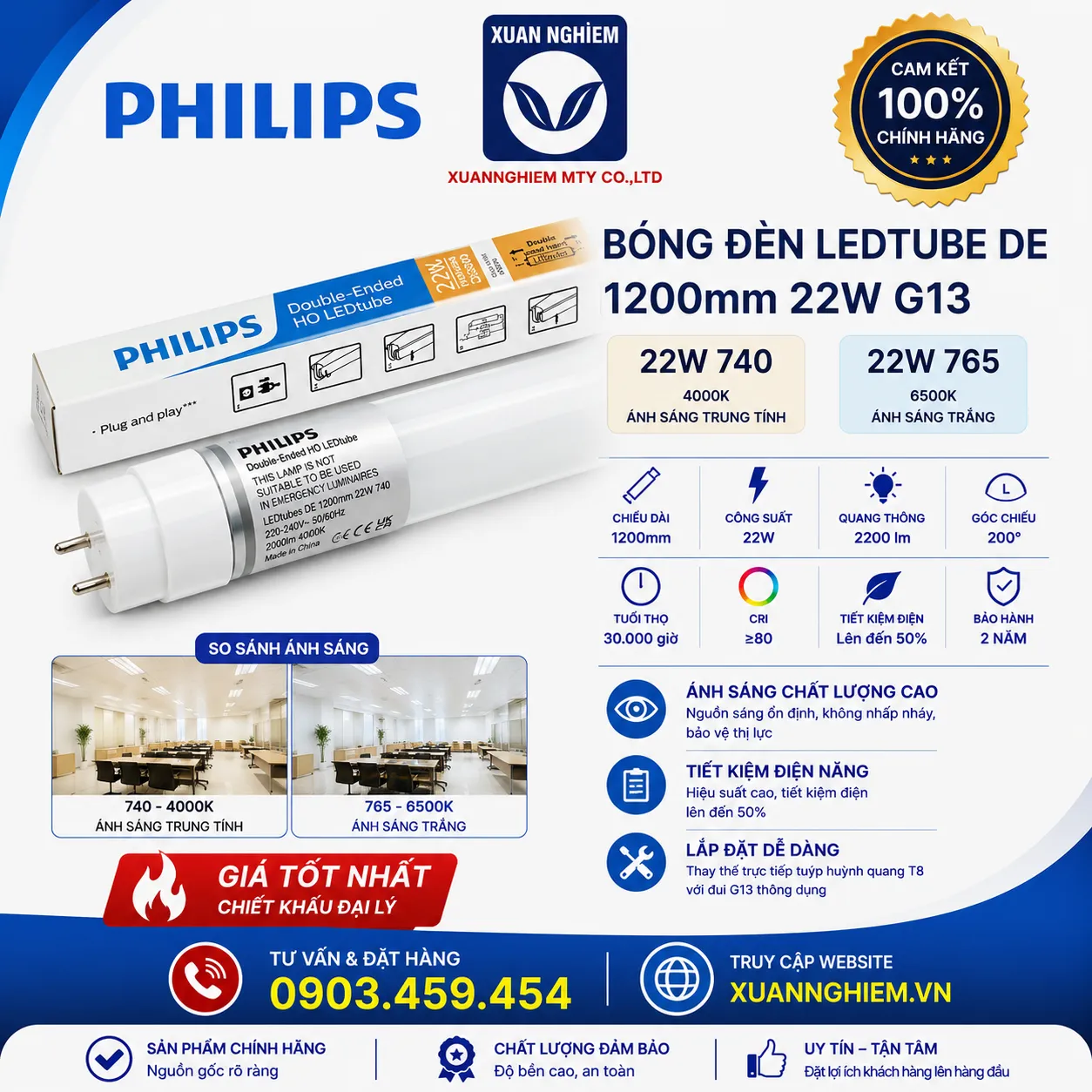 Bóng đèn Ledtube DE 1200mm 22W 740 G13 / Bóng đèn Bóng đèn Ledtube DE 1200mm 22W 765 G13