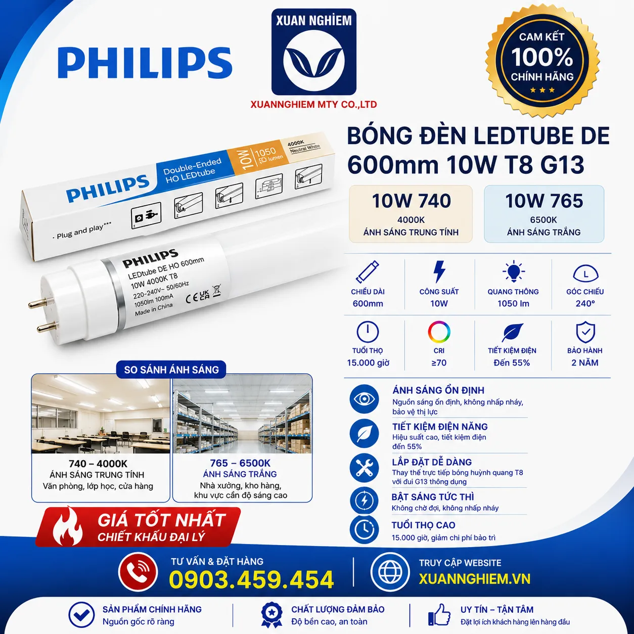 Bóng đèn Ledtube DE 600mm 10W 740 T8 G13 / Bóng đèn Bóng đèn Ledtube DE 600mm 10W 765 T8 G13