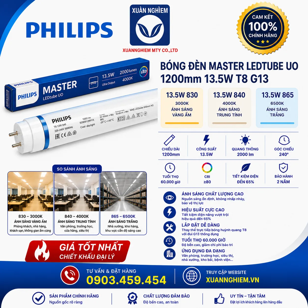 Bóng đèn MAS LEDtube 1200mm UO 13.5W 830 T8 / Bóng đèn MAS LEDtube 1200mm UO 13.5W 840 T8 / Bóng đèn MAS LEDtube 1200mm UO 13.5W 865 T8