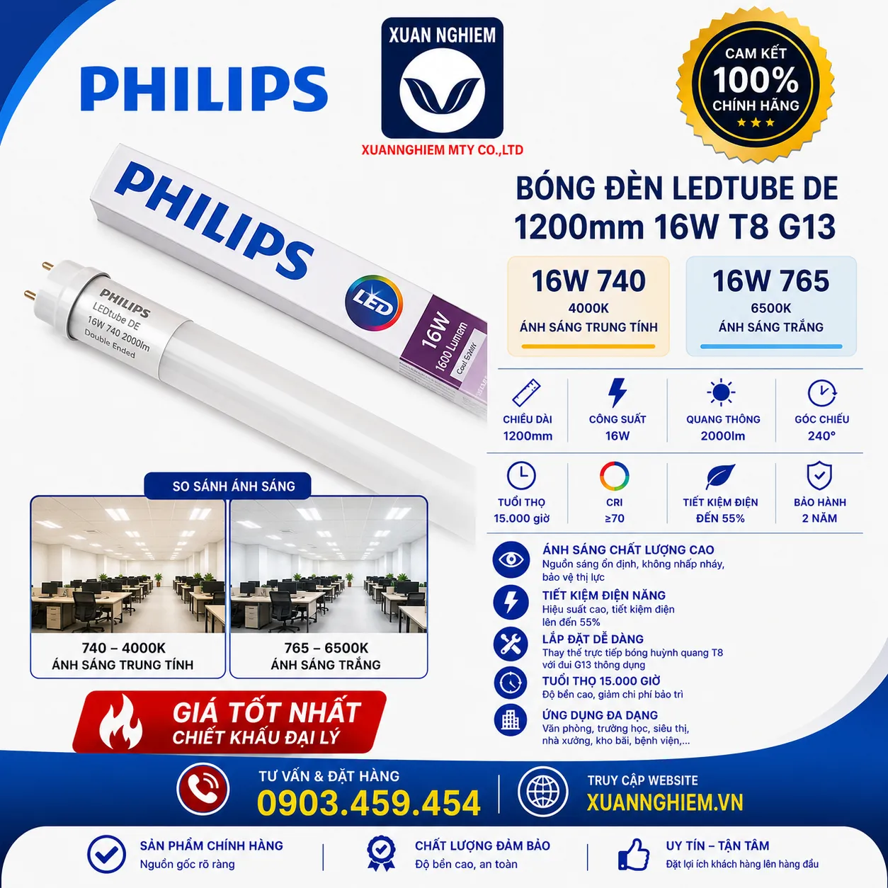 Bóng đèn Ledtube DE 1200mm 16W 740 T8 G13 / Bóng đèn Ledtube DE 1200mm 16W 765 T8 G13