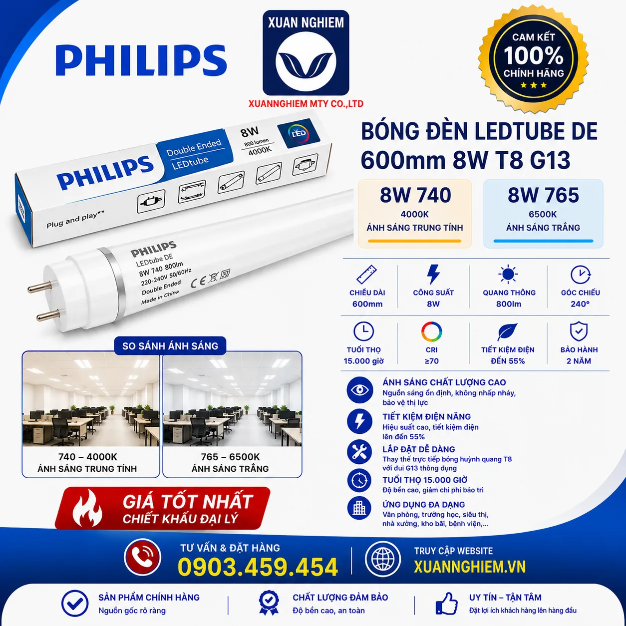 Bóng đèn Ledtube DE 600mm 8W 740 T8 G13 / Bóng đèn Ledtube DE 600mm 8W 765 T8 G13