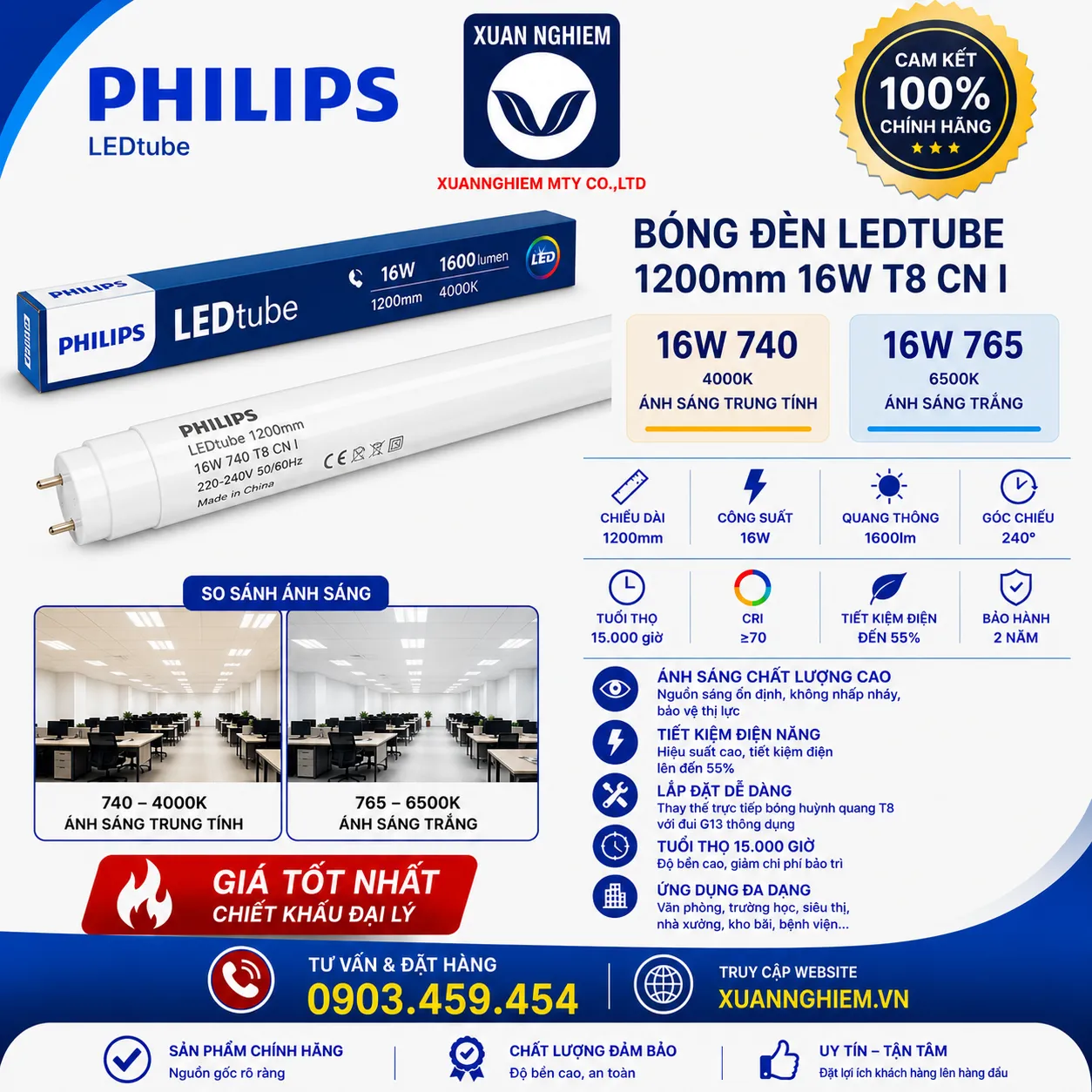 Bóng đèn LEDtube 1200mm 16W 740 T8 CN I / Bóng đèn LEDtube 1200mm 16W 765 T8 CN I