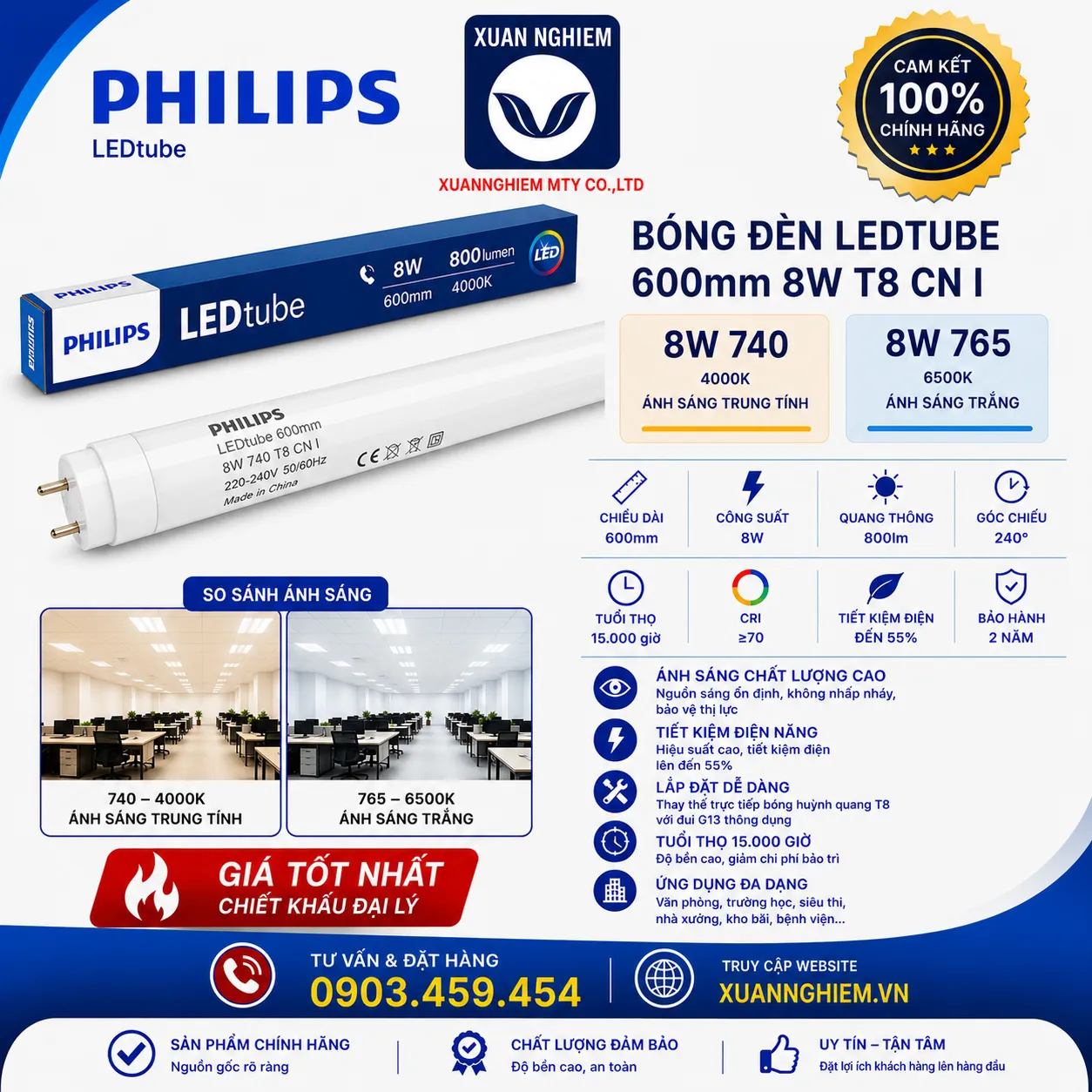 Bóng đèn LEDtube 600mm 8W 740 T8 CN I / Bóng đèn LEDtube 600mm 8W 765 T8 CN I