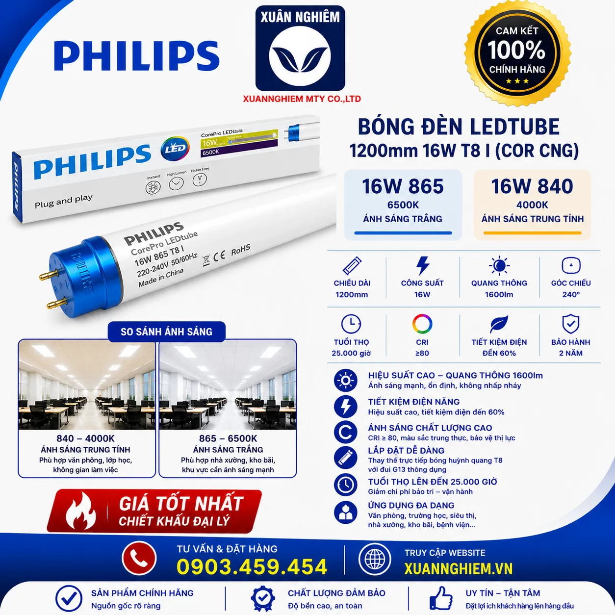 Bóng đèn COR CNG LEDtube 1200mm 16W 865 T8 I / Bóng đèn COR CNG LEDtube 1200mm 16W 840 T8 I