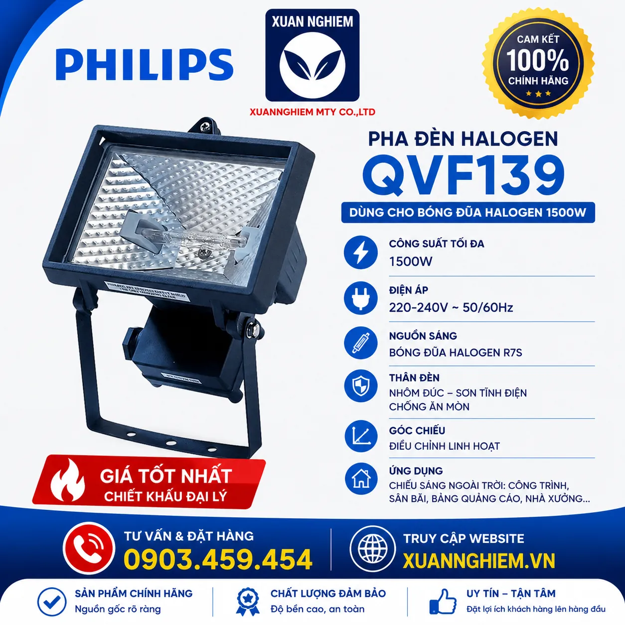 Pha đèn Halogen QVF139 cho bóng đũa halogen 1500W