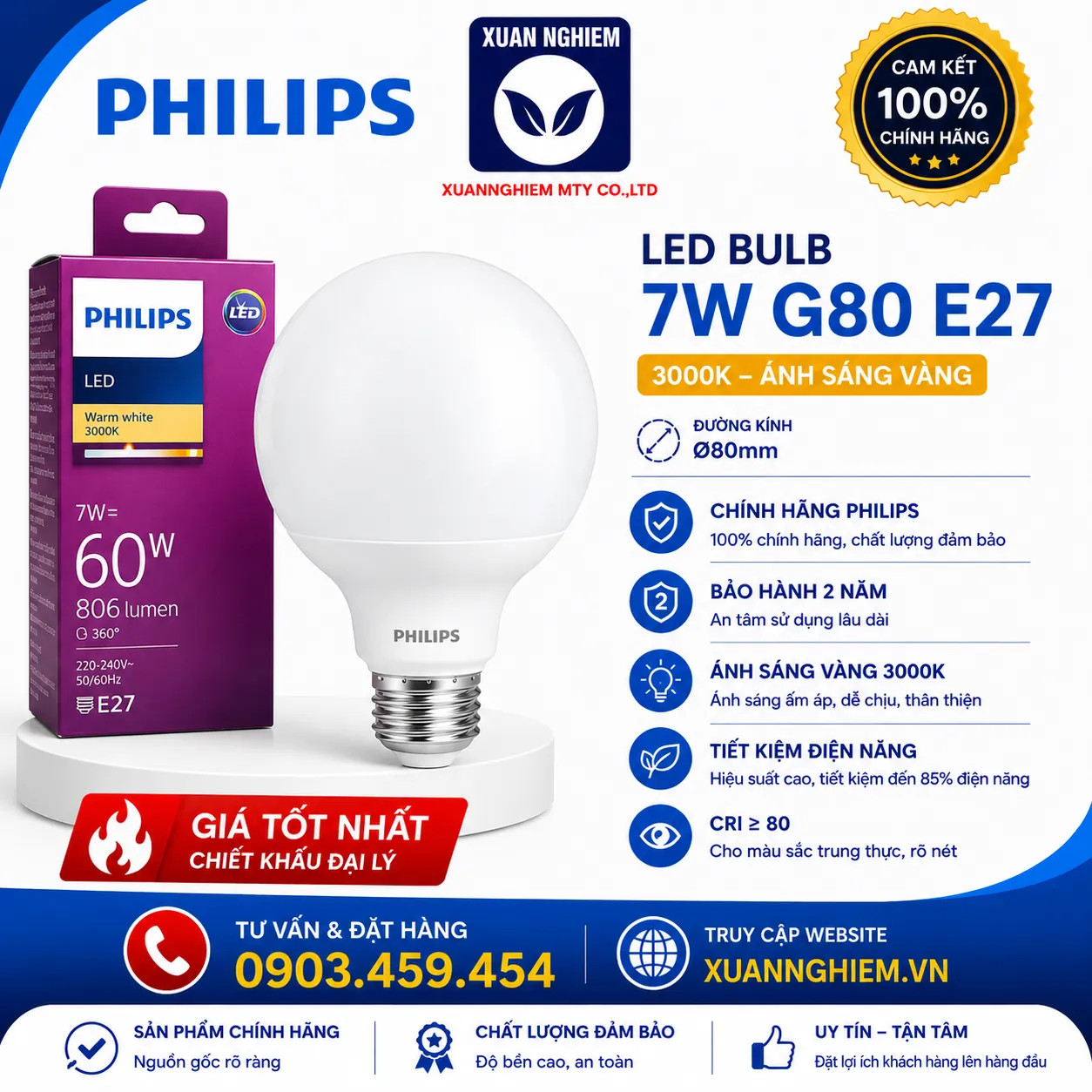 Bóng đèn LEDBULB 7W G80 E27 3000K