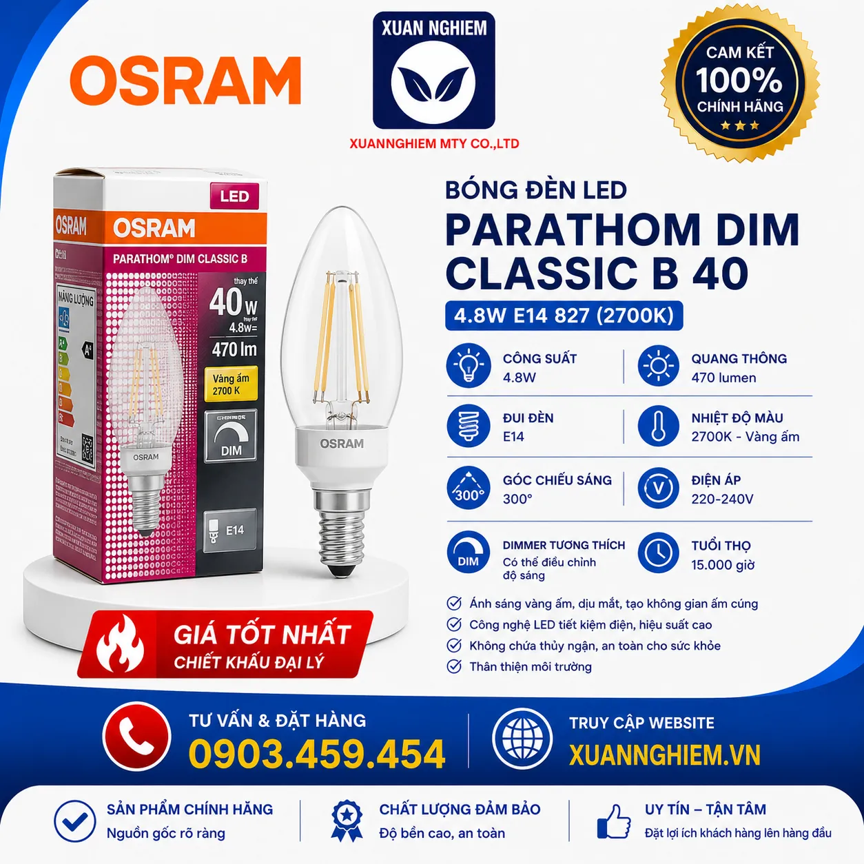 Bóng đèn Parathom Dim Classic B 40 4.8W E14 827 Osram