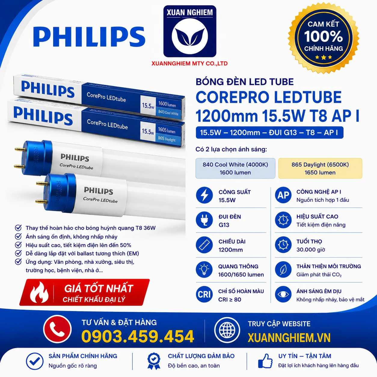 Bóng đèn CorePro LEDtube 1200mm 15.5W 840 T8 AP I / CorePro LEDtube 1200mm 15.5W 865 T8 AP I