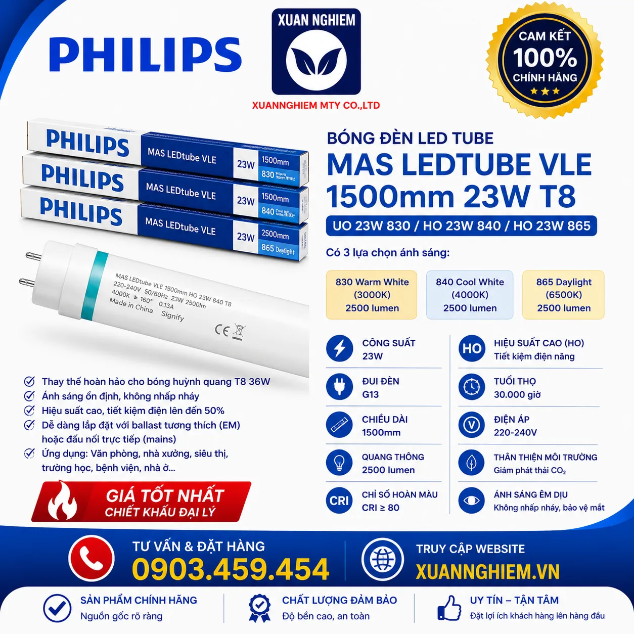 Bóng đèn MAS LEDtube VLE 1500mm UO 23W 830 T8 / MAS LEDtube VLE 1500mm HO 23W 840 T8 / MAS LEDtube VLE 1500mm HO 23W 865 T8