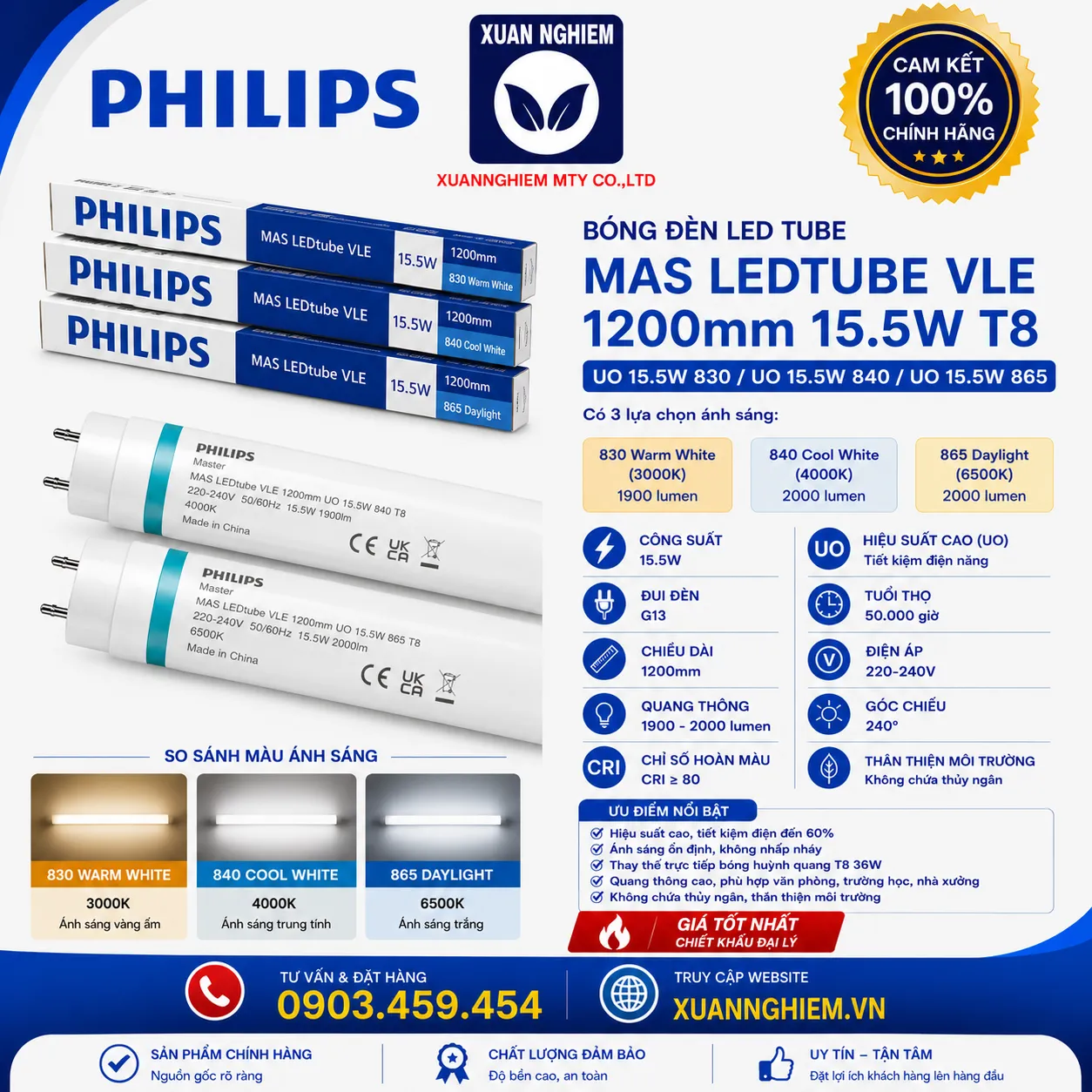 Bóng đèn MAS LEDtube VLE 1200mm UO 15.5W 830 T8 / MAS LEDtube VLE 1200mm UO 15.5W 840 T8 / MAS LEDtube VLE 1200mm UO 15.5W 865 T8