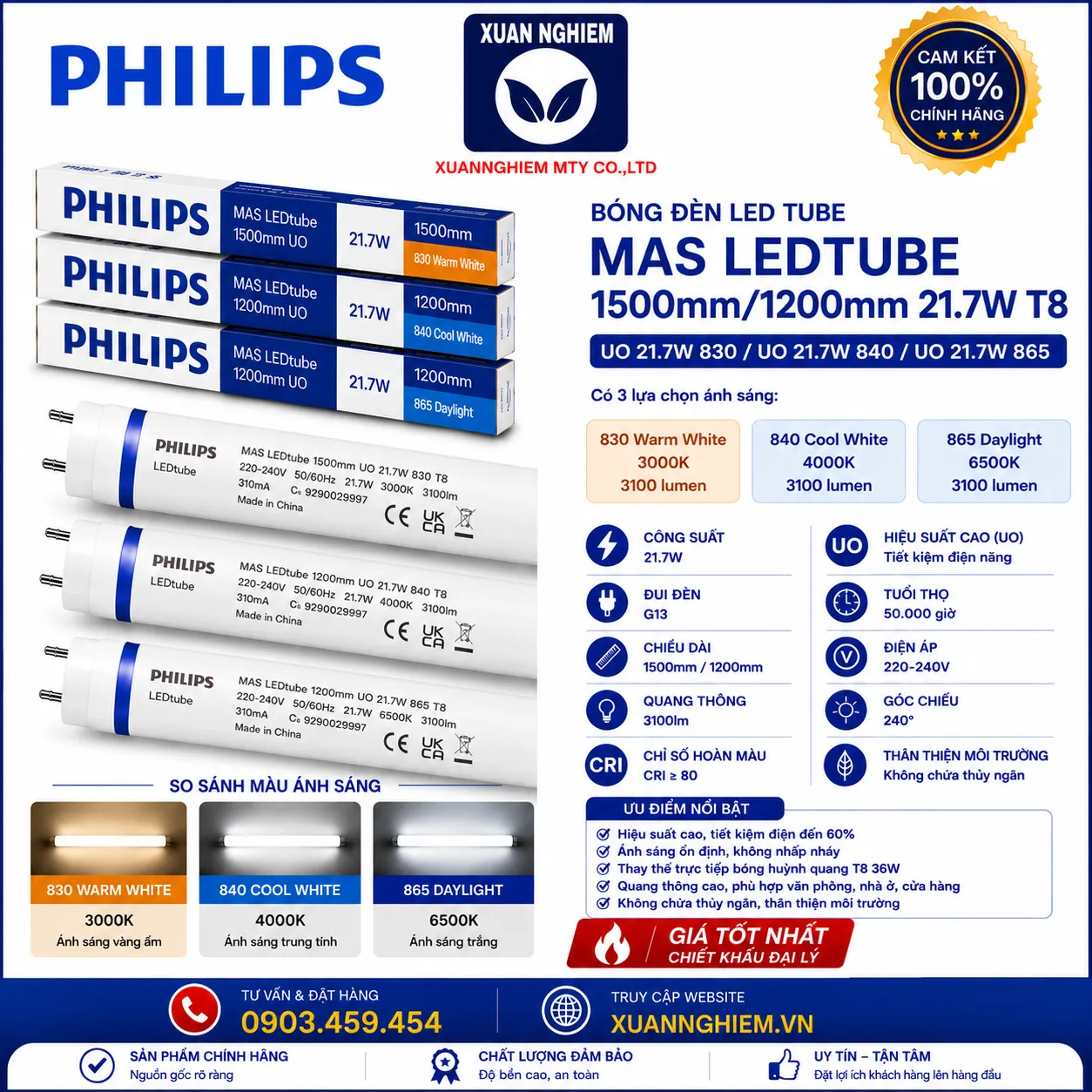 Bóng đèn MAS LEDtube 1500mm UO 21.7W 830 T8 / MAS LEDtube 1200mm UO 21.7W 840 T8 / MAS LEDtube 1200mm UO 21.7W 865 T8